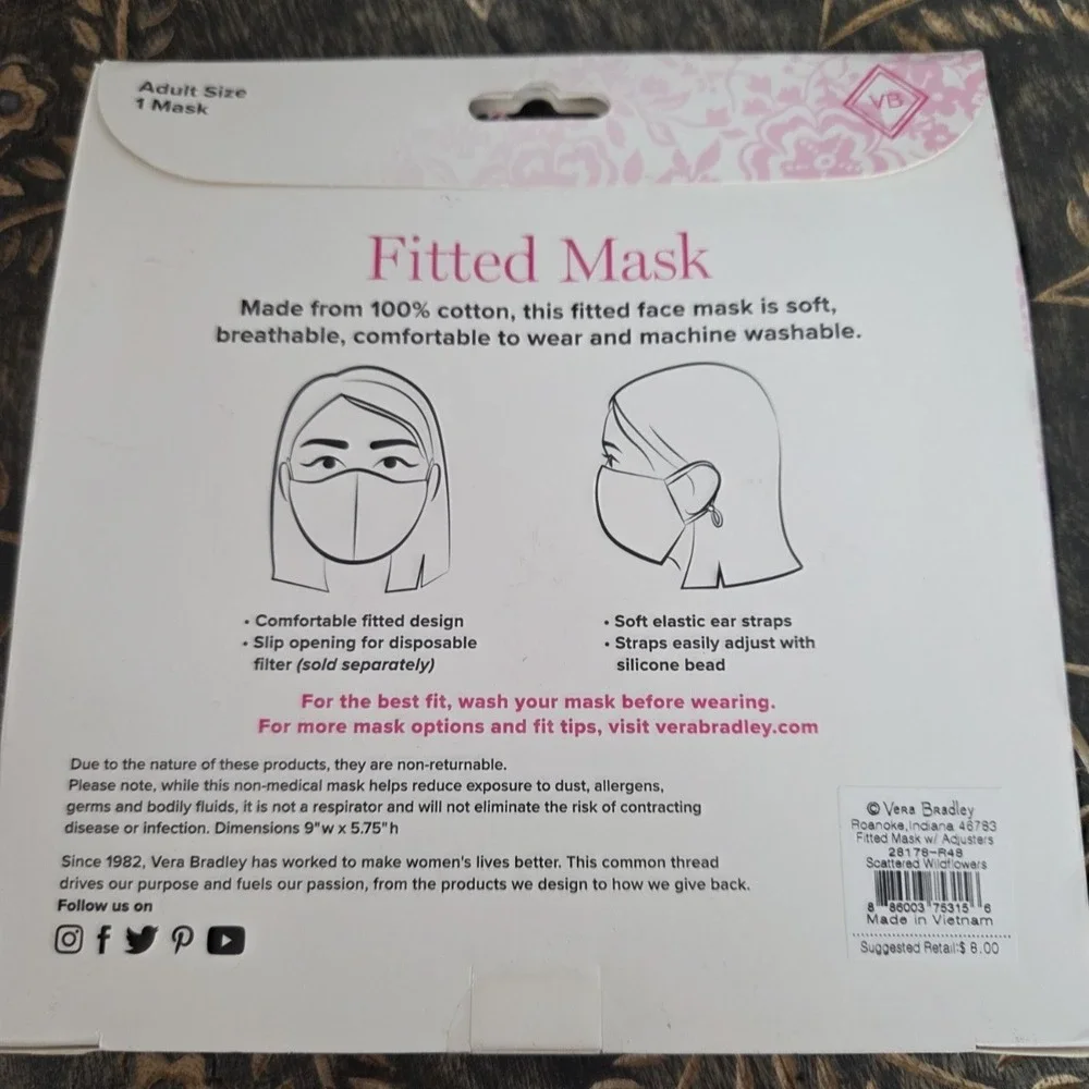 Vera Bradley Blue Floral Facial Fitted‎ Adult Mask NIB Cotton